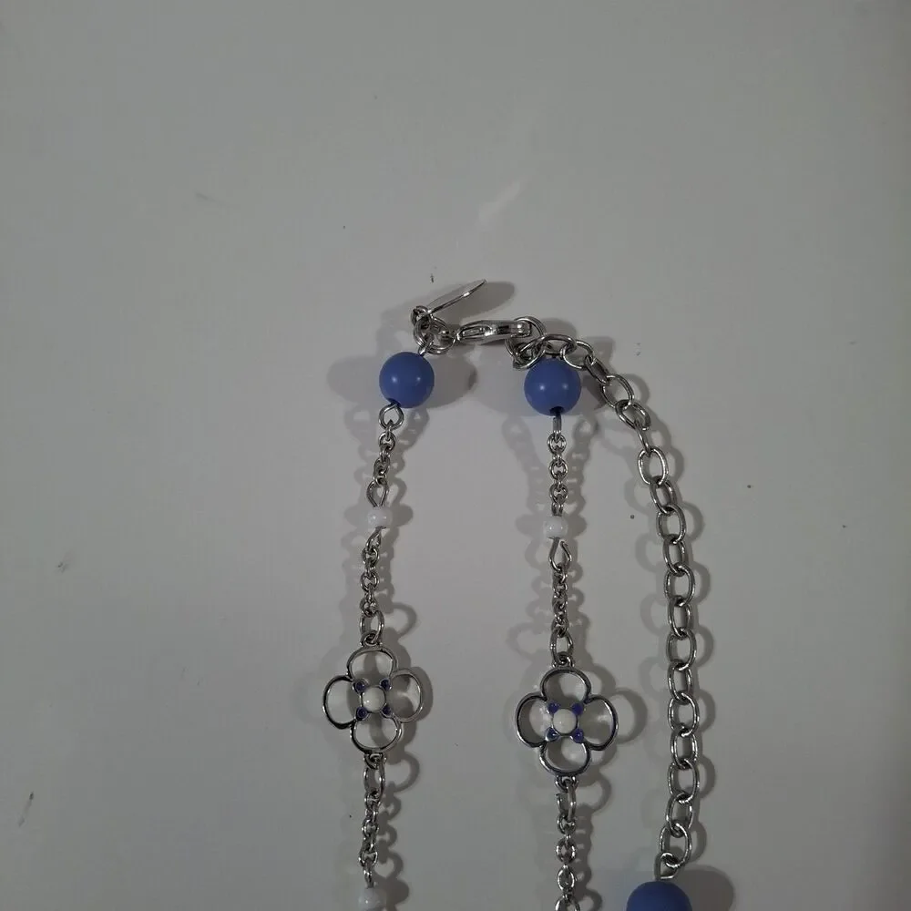 Blue Beaded White Rhinestone Flower Silver Tone Chain Long Strand Necklace